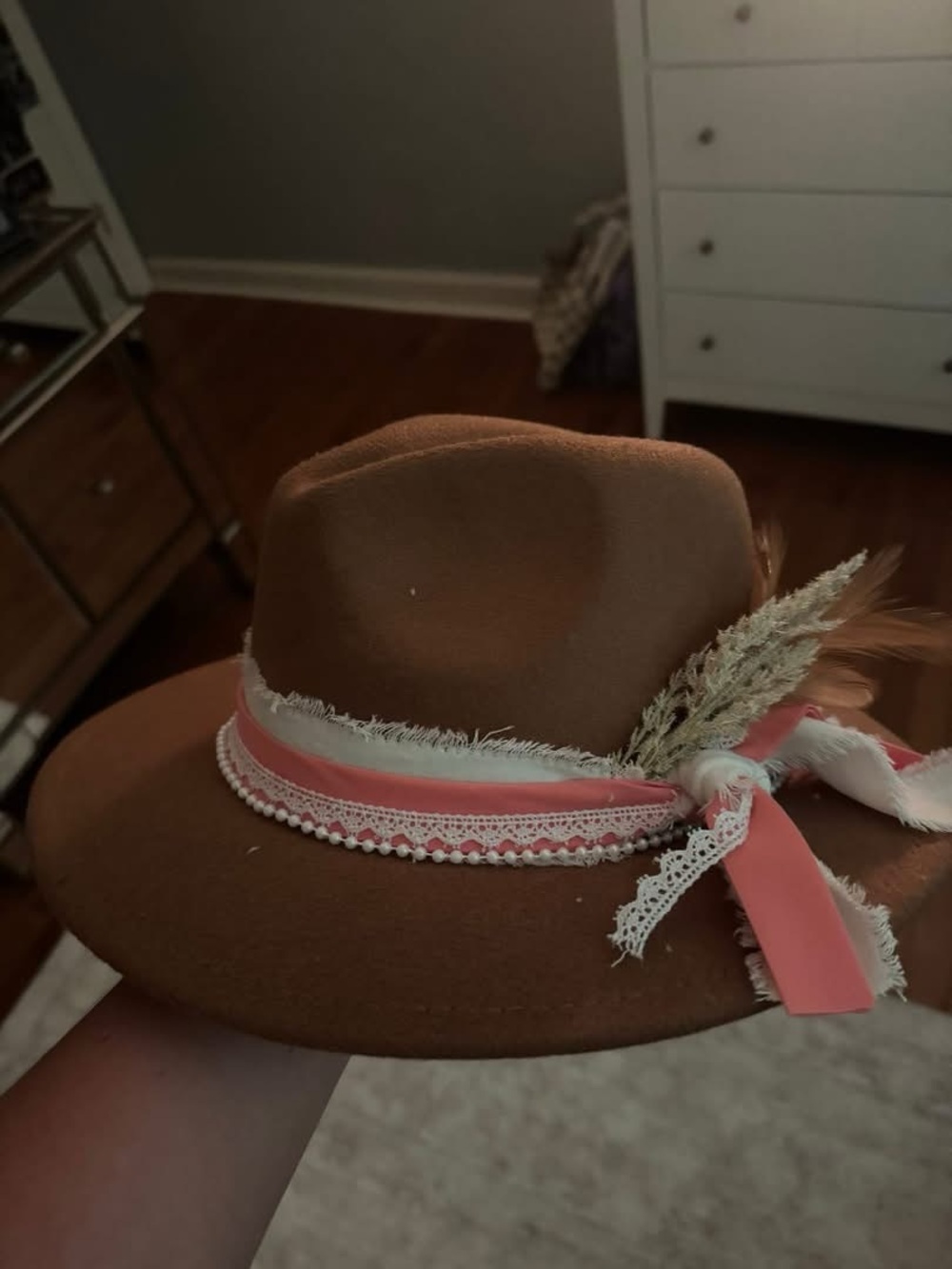 Brown Felt Fedora with Pink Ribbon and Lace Trim